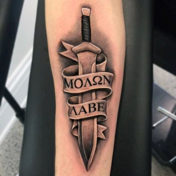 Amazing 3d Dagger and Banner Tattoo Deisgn For Men Lower Sleeve Or Arm