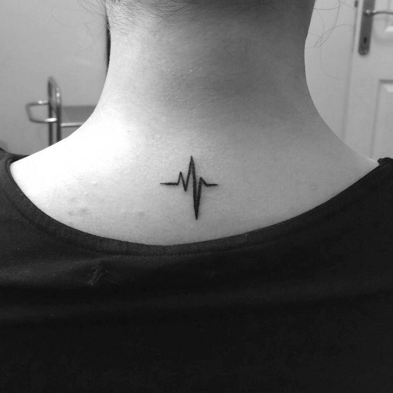 Amazing Black Ink Simple Heartbeat Tattoo Design For Women Nape