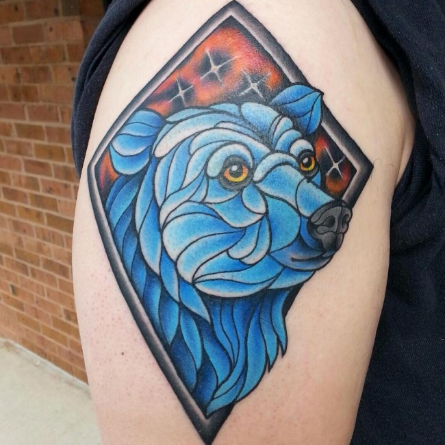 Amazing Blue Ink Animated Bear Head Tattoo For Men Shoulder