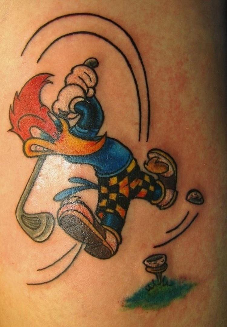 Amazing Colorful Animated Cartoon Playing Golf Tattoo For Men