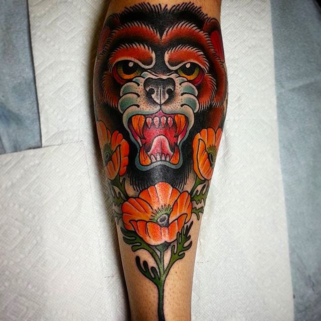 Amazing Colorful Ink Bear Face Flower Tattoo For Men Shin or Leg