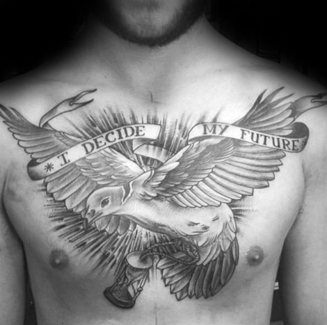 Amazing Grey Ink Bird Feather and Banner Tattoo For Men Chest