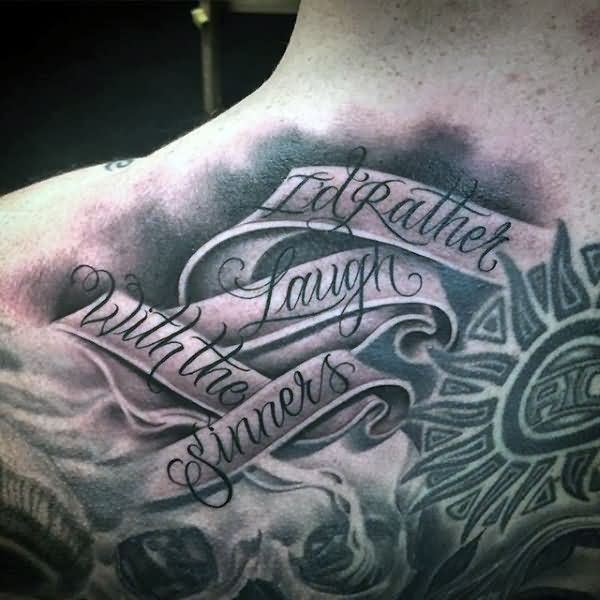 Awesome 3d Grey Ink Banner and Sun Tattoo Design For Men Back Body