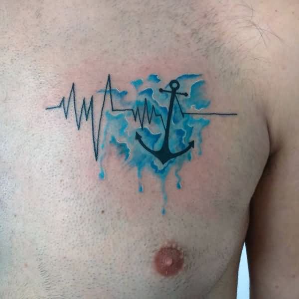 Awesome Black & Aqua Ink Heartbeat Water Tattoo Deisgn For Men Chest