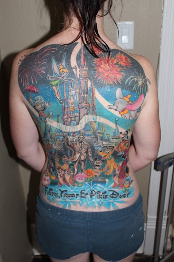 Awesome Colorful Ink Animated Disney Castle Tattoo For Women Back