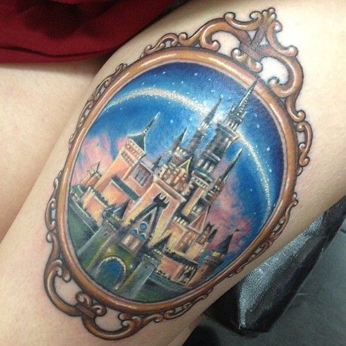 Beautiful Animated Mirror Disney Castle Tattoo For Girl Thigh
