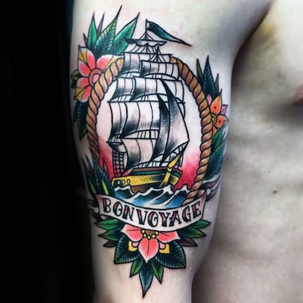 Beautiful Colorful Ink Banner Pirate Ship Frame Tattoo Design For Men Upper Arm