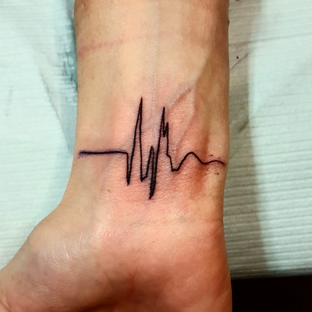 Black Ink Amazing Heartbeat Tattoo For Men Wrist
