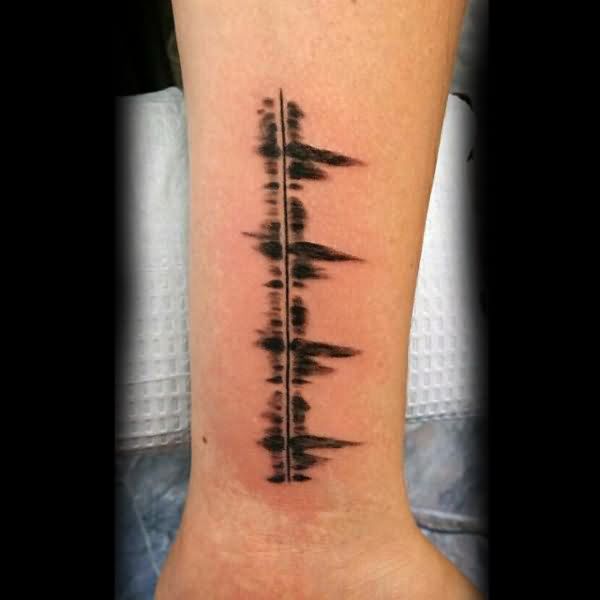 Black Ink Brilliant Heartbeat Tattoo Design For Men Lower Arm