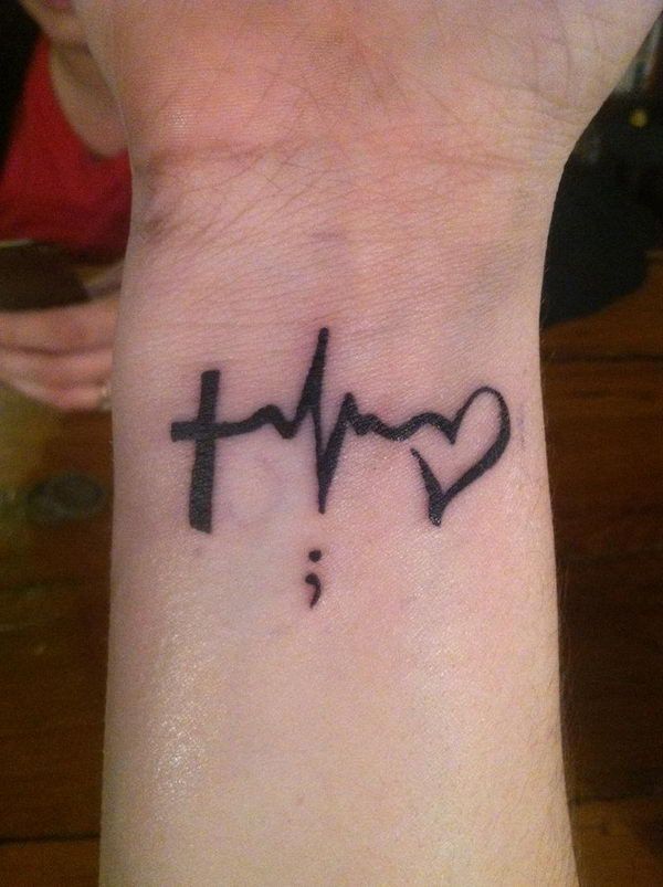 Black Ink Cross EKG Heart Heartbeat Tattoo For Men Wrist