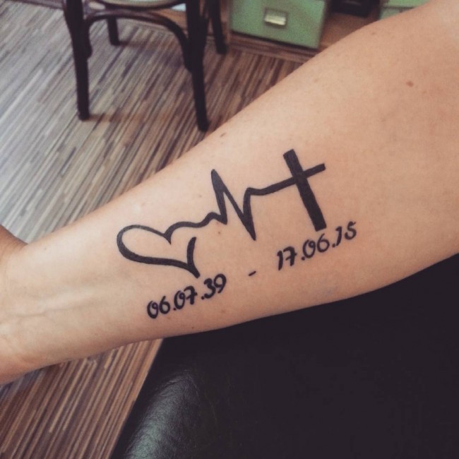 Black Ink Heart EKG Cross Heartbeat Tattoo Memorial For Men Arm