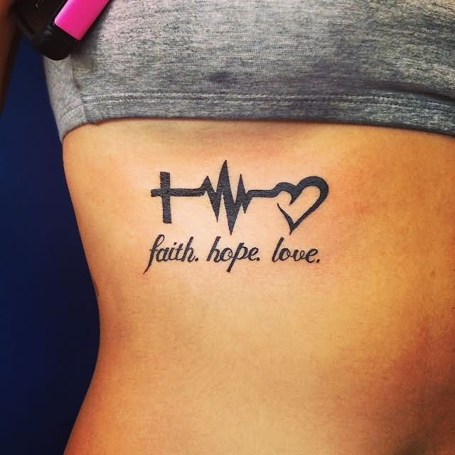 Black Ink Heartbeat Cross EKG Heart Tattoo Deisgn With Faith Hope Love On Girl Ribs