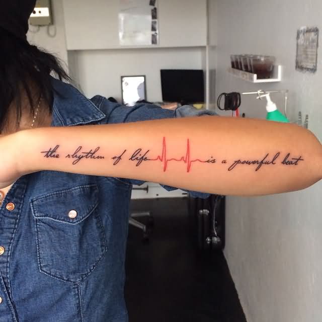 Black and Red Ink Heartbeat With Quote Tattoo Design On Women Back Sleeve