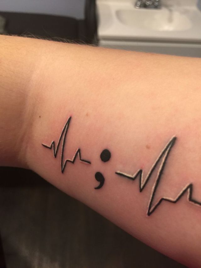 Black and White Ink Heartbeat Semicolon Depression Tattoo For Guys