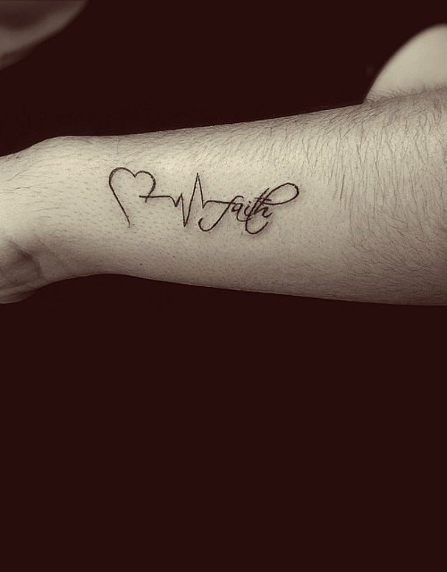 Brilliant Black Ink Love Hope Faith Heartbeat Tattoo For Men Side Arm