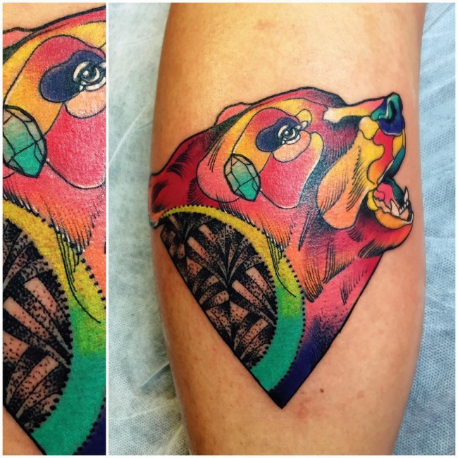 Colorful Ink Amazing Bear Head Tattoo Design On Men Calf