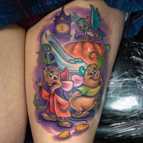 Colorful Ink Animated Mouse Birh Heel Pumpkin Tattoo On Girl Thigh