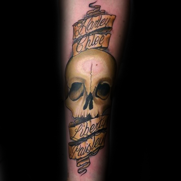 Coolest 3d Skull and Banner Tattoo Design For Men Arm
