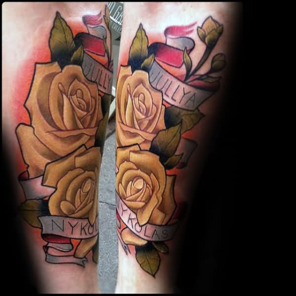 Coolest Banner With Yellow Rose Flower Tattoo On Men Forearm