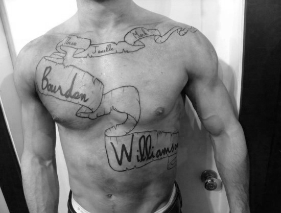 Coolest Black Ink Banner Tattoo Outline For Men Front Chest Body