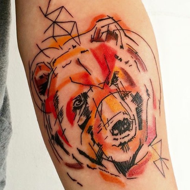 Coolest Watercolor Bear Face Painting Tattoo On Men Lower Sleeve or Arm