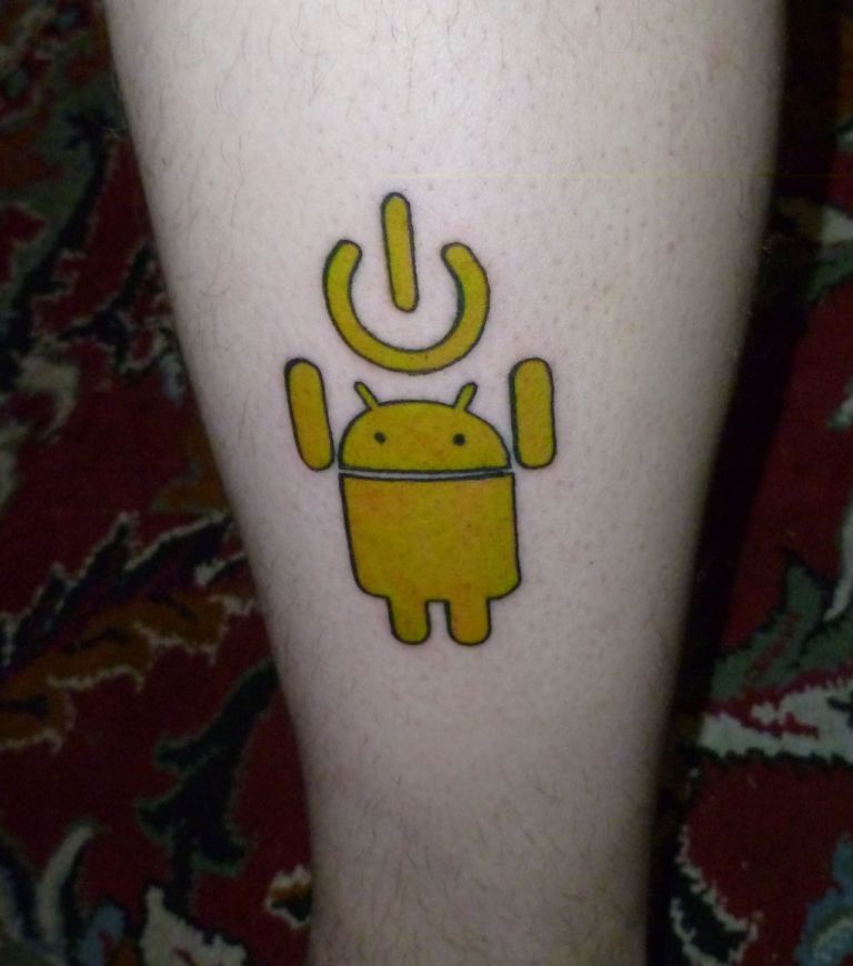 Cute Android Tattoo With Switch Button Design On Men Thigh