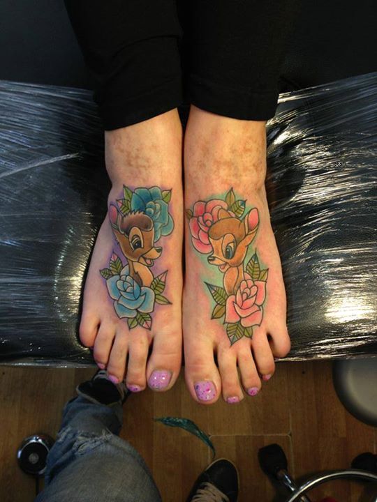 Cute Colorful Ink Animal Deer and Rose Flower Tattoo On Women Foot