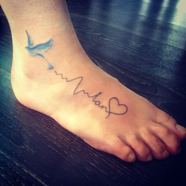 EKG Black Ink Heartbeat Tattoo With Bird and Heart On Women Foot