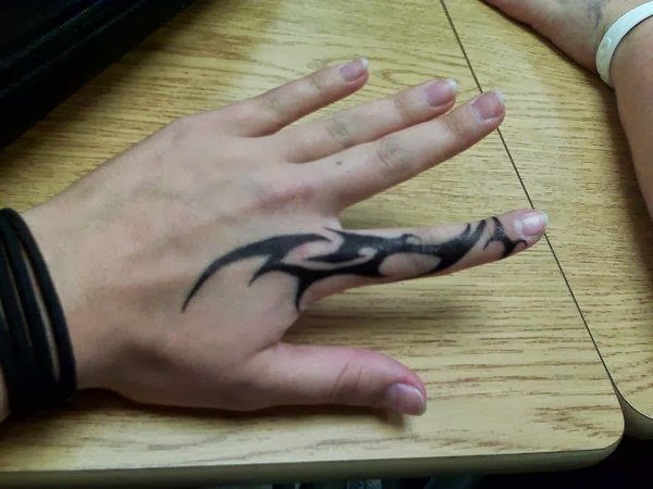Fabulous Black Ink Tribal Index Finger Tattoo Design For Girl