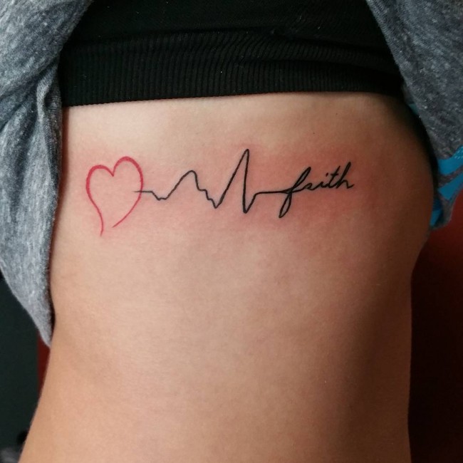 Fabulous Red and Black Ink Heartbeat Tattoo Faith For Women Ribs Side