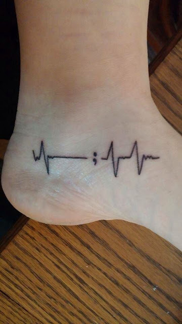 Fabulous Simple Black Ink Heartbeat Tattoo Semicolon For Ankle