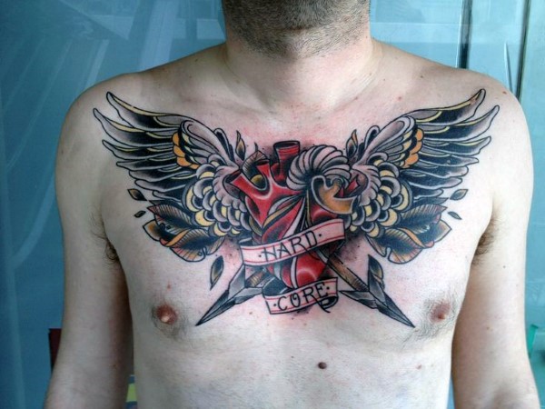 Fantastic Human Heart With Wings Banner and Arrow Tattoo Deisgn For Men Chest