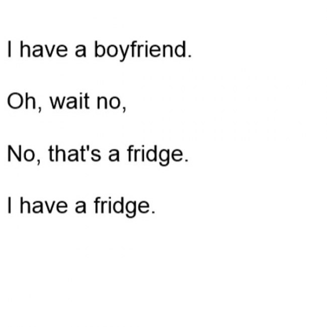 Funny Single Memes I have a boyfriend oh wait no no that's a fridge