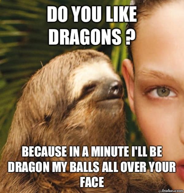 Funny Sloth Rape Meme Do You Like Dragons Because In A Minurte I'll Be Dragon My Balls All Over Your Face
