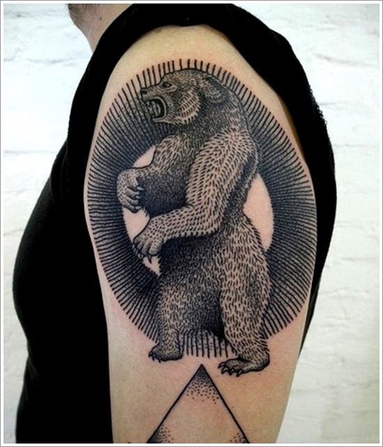 Grey Ink Fabulous Bear Line Tattoo Design On Men Shoulder