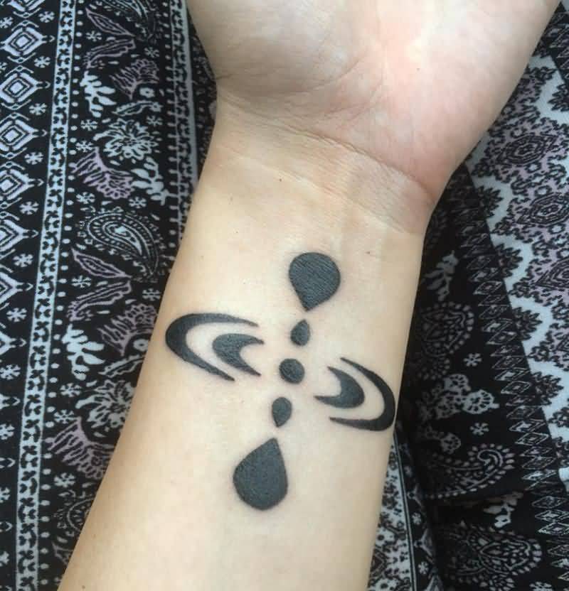 Interesting Black Ink Bipolar Tattoo On Arm