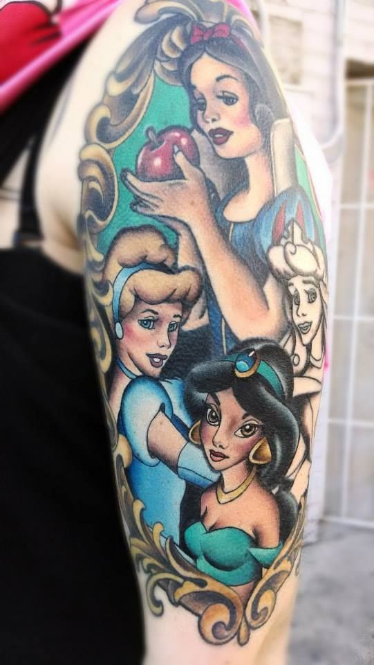 Lovely Animated Disney Female Cartoon Mirror Tattoo On Women Sleeve