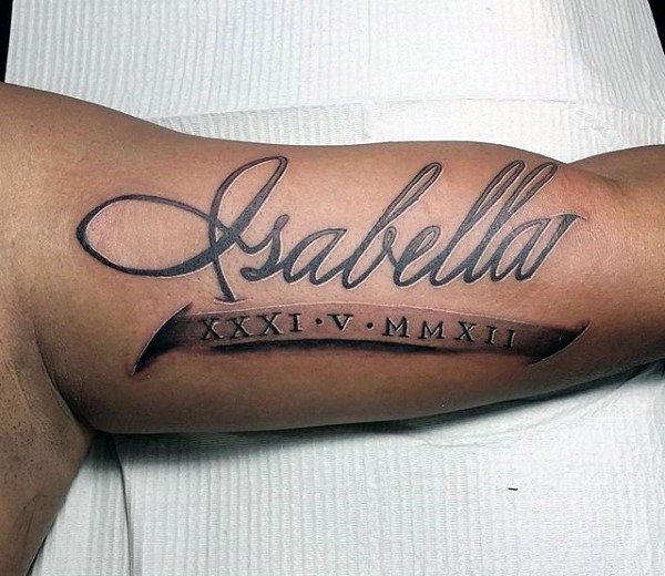 Lovely Black Ink Isabella and Memorial Banner Tattoo For Men Biceps or Inner Arm