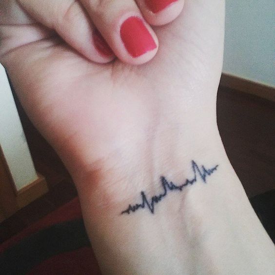 Lovely Small Heartbeat Black Ink Wrist Tattoo For Sweet Girl