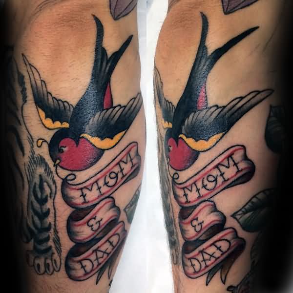 Lovely Swallow Bird Banner Tattoo Design For Men Forearm