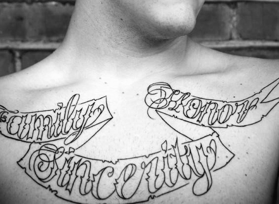 Mind Blowing Black Ink Banner Outline Tattoo On Men Chest