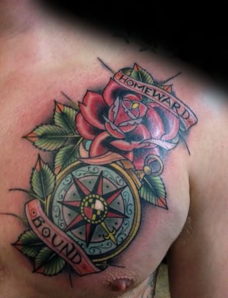Mind Blowing Compass Banner Rose Flower With Leaf 3d Tattoo On Men Chest