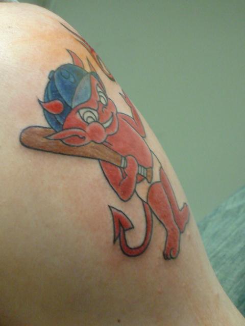 Mind Blowing Red Ink Animated Baby Devil Baseball Bat Tattoo On Shoulder