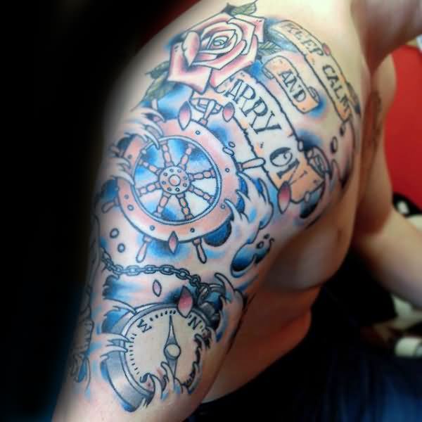 Most Amazing Colorful Banner Boat Wheel Rose Flower Compass Tattoo On Shoulder