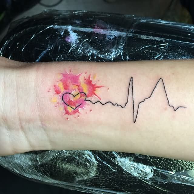Most Amazing Heartbeat Watercolor Tattoo Design On Women Lower Arm