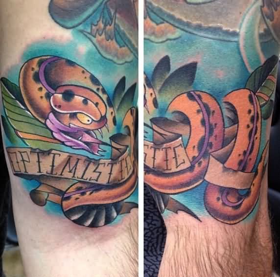 Most Scary Colorful Ink Snake and Banner Tattoo Design For Men Arm