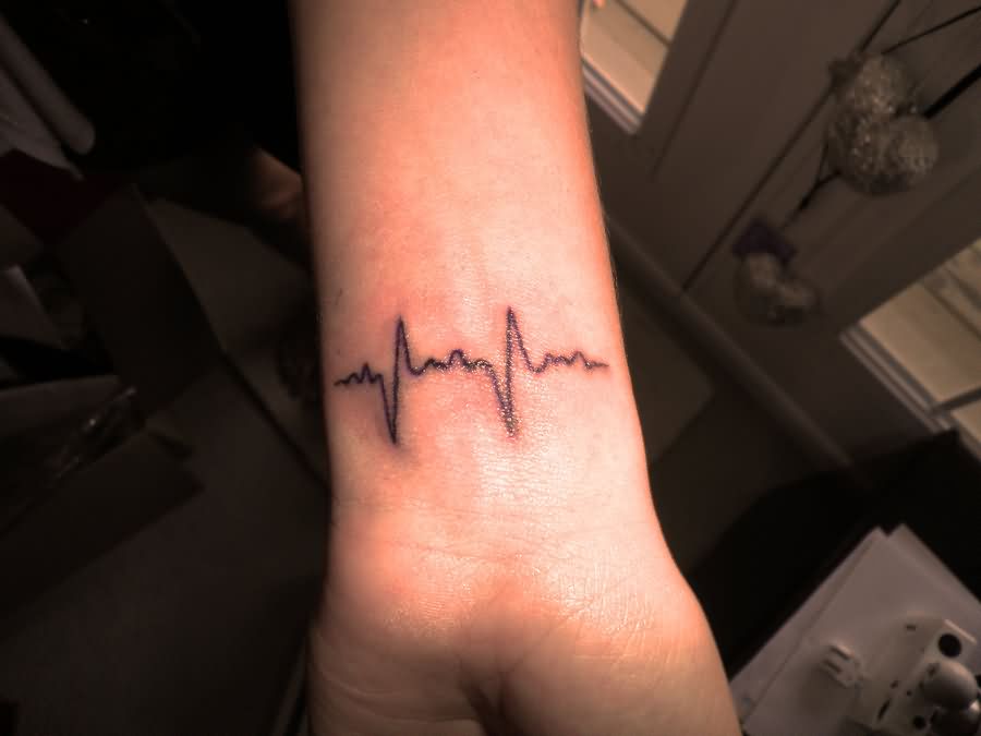 My Favorite Black Ink Heartbeat Tattoo Style On Wrist