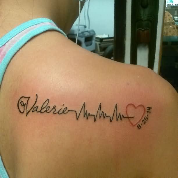 Nice Black Ink Valerie Heartbeat Heart Date Tattoo Design For Women Back