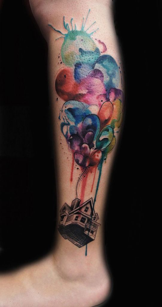 Nice Colorful Disney Animated Up Baloon Tattoo On Leg