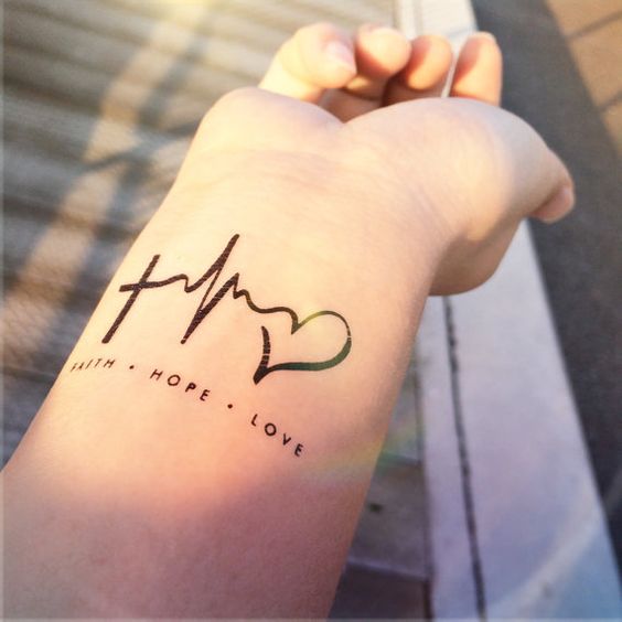 Nice Faith Hope Love Cross EKG Heartbeat Tattoo For Wrist
